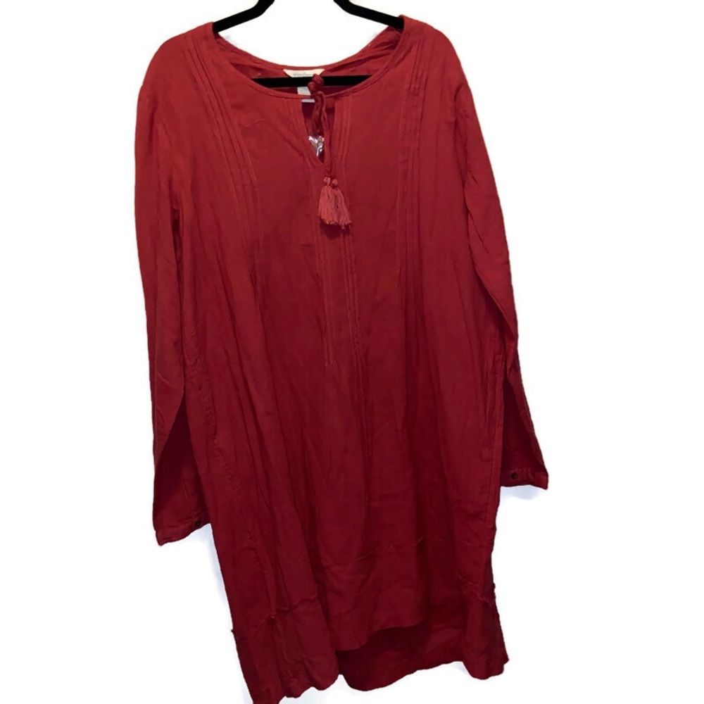 Sundance Burgundy Red Long Sleeves Tunic Dress Tassel V-Neck cotton sz XL NWOT